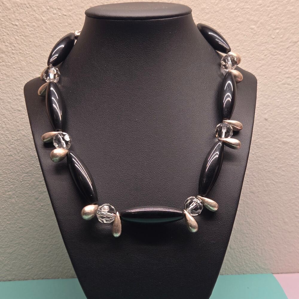 Vintage Sterling Silver Teardrop Black Onyx Faceted Crystal Link Clasp Necklace